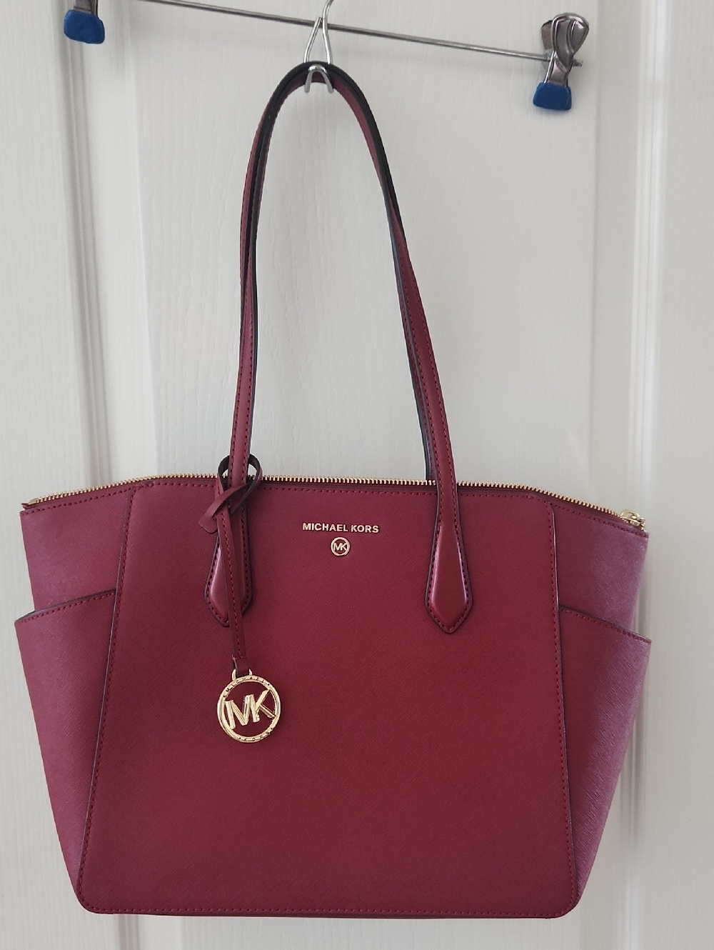 Michael Kors Wine Saffiano Leather Tote with Gold Hardware